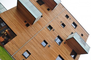 Unbehandelte Holzfassade des Woodcube bei der IBA in Hamburg