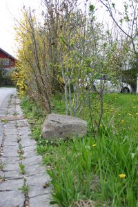 Granitstein und Sträucher neben der Straße